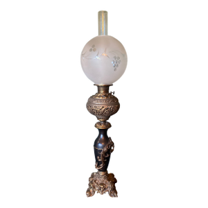 1940s French Victorian Electrified Oil Lamp With Etched Hand Blown Globe and Clear Chimney With Brass Base