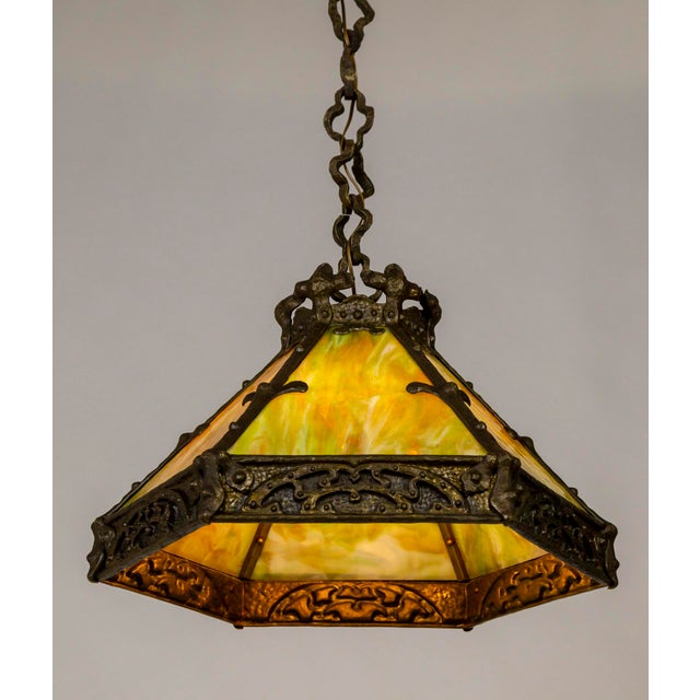 Early 20th Century Cast Bronze & Green Amber Slag Glass Hex Paneled Pendant Light For Sale In San Francisco - Image 6 of 13