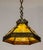 Early 20th Century Cast Bronze & Green Amber Slag Glass Hex Paneled Pendant Light For Sale In San Francisco - Image 6 of 13