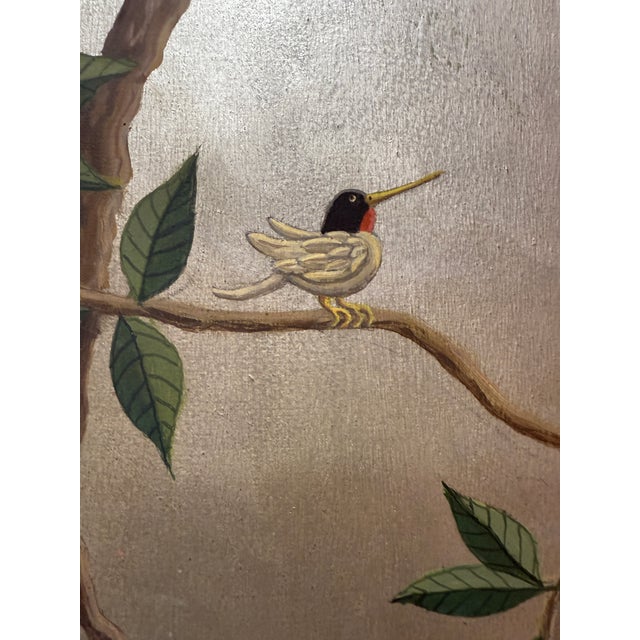 1980s Handpainted 3-Panel Screen of a Botanical Landscape With Birds, Dragonflies, and a Chameleon For Sale - Image 9 of 12