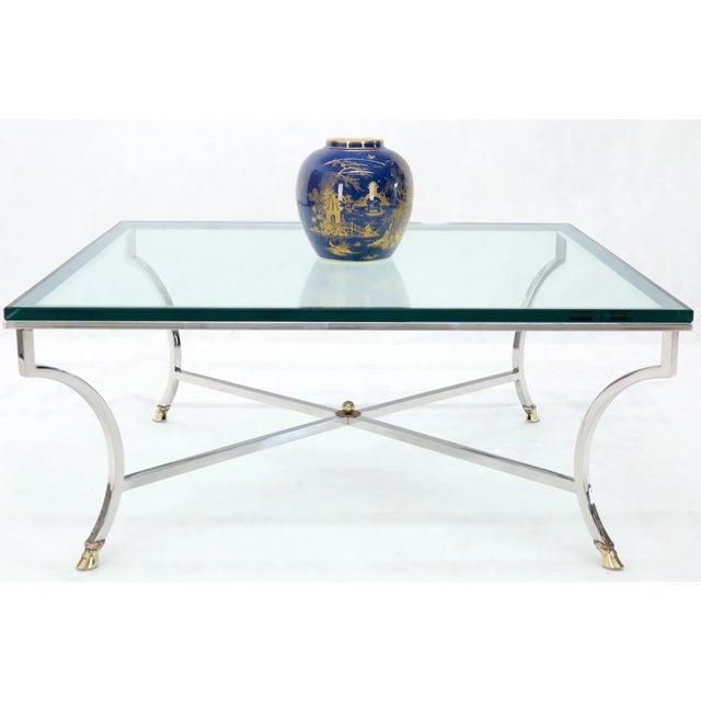 Square Chrome and Brass Hoof Feet Base Coffee Table Thick Glass Top For Sale - Image 10 of 12