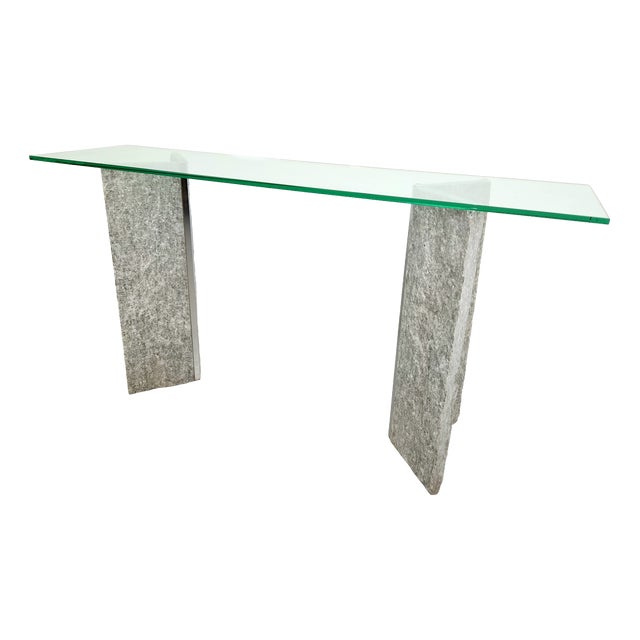Brutalist Granite and Glass Console Table with Two Column Bases, 1970 For Sale