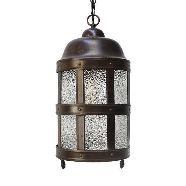 Dutch Arts & Crafts Brass and Glass Cathedral Hall Lantern, 1920s For Sale