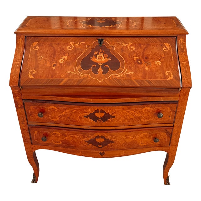 Louis XV Italian Bombé Marquetry Secretary Desk, 1960s For Sale
