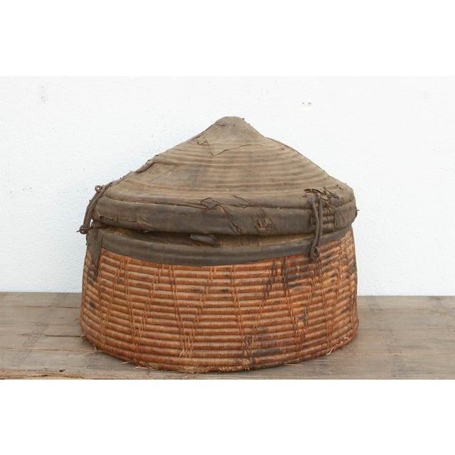 Rustic Monumental Antique Basket With Lid & Metal Hardware For Sale - Image 3 of 11