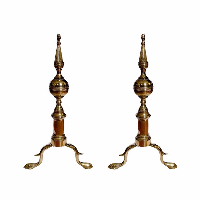 Antique Brass Steeple Top Andirons - A Pair For Sale In Providence - Image 6 of 8