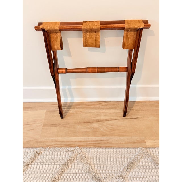 Vintage Campaign Style Folding Walnut Luggage Rack With Woven Straps For Sale - Image 4 of 5
