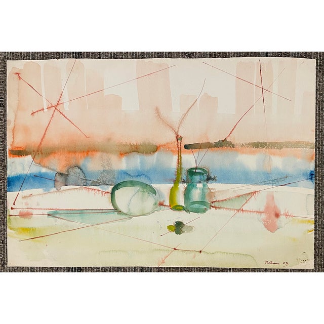 Mid-Century Modern 1952 Robert Colborne Still Life in a Modern Landscape Painting For Sale - Image 3 of 4