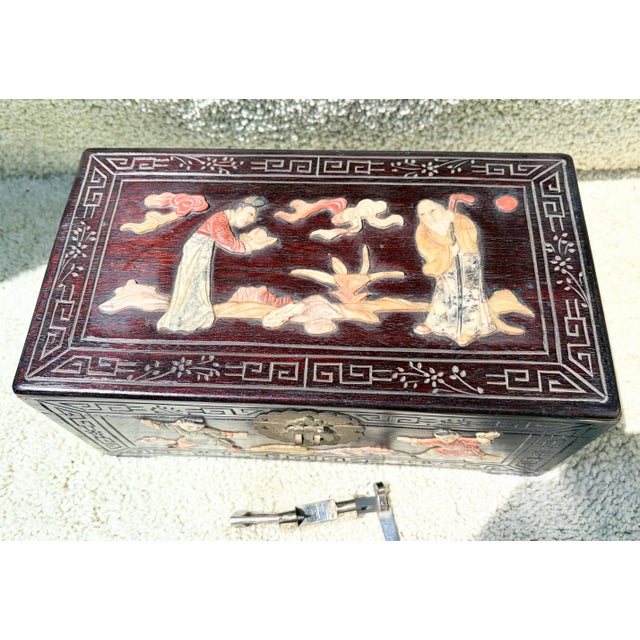 Chinese Antique Chinese Carved Rosewood Box With Figurines & Working Lock For Sale - Image 3 of 9