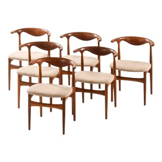 Cowhorn Dining Chairs in Fabric, Oak and Teak attributed to Knud Færch, 1969, Set of 6 For Sale