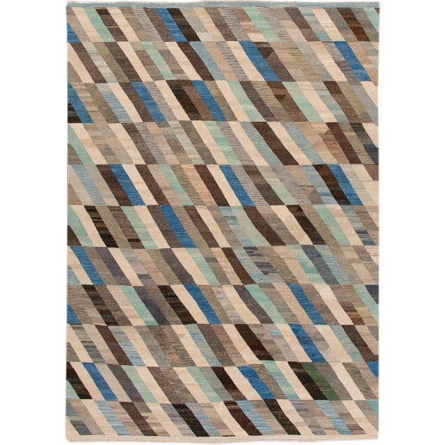 Contemporary Kilim Flatweave Multicolor Geometric Abstract Wool Rug For Sale - Image 9 of 9