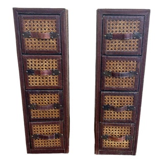 Pair Vintage Leather & Cane Four Drawer Apothecary Chests, 1980s For Sale
