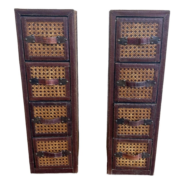 Pair Vintage Leather & Cane Four Drawer Apothecary Chests, 1980s For Sale