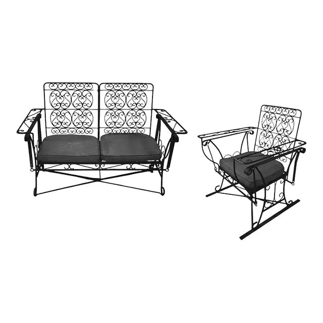 Black Scrolling Wrought Iron Glider Rocking Settee & Chair Patio Outdoor Set For Sale