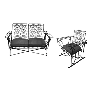 Black Scrolling Wrought Iron Glider Rocking Settee & Chair Patio Outdoor Set