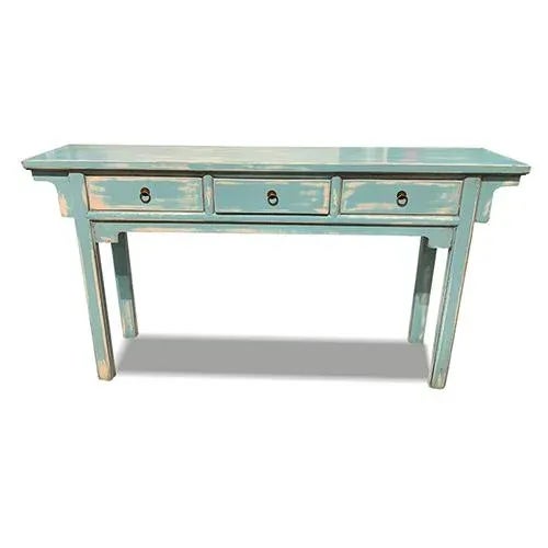 Asian apron design console table is made out of elm wood. It has 3 drawers. It can use behind the sofa or the entry.