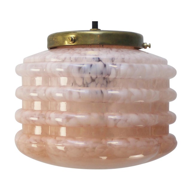 Metal Art Deco French Pink Reeded Glass Clichy Pendant Lamp For Sale - Image 7 of 7