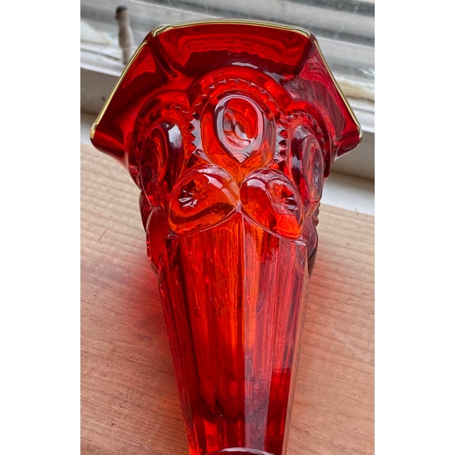Glass Vintage Blazing Moon and Stars Pattern Ruby Red & Amberina Pressed Glass Trumpet Bud Vase + Ball Stopper For Sale - Image 7 of 9