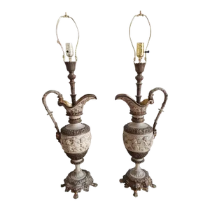 Pair of Antique Partial Gilt Bronze Ewer Table Lamps, Circa 1890s