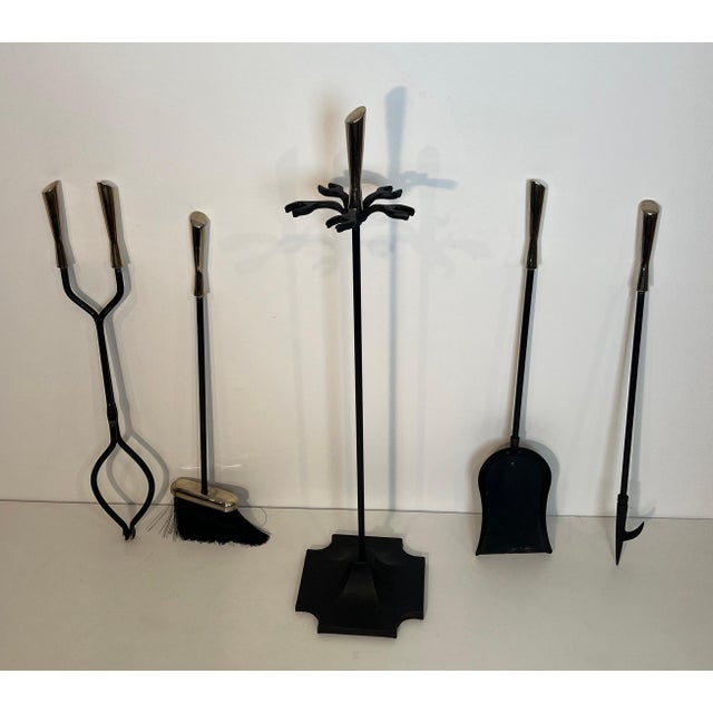 Metal Black and Chrome Lacquered Fireplace Tools on Stand For Sale - Image 7 of 12