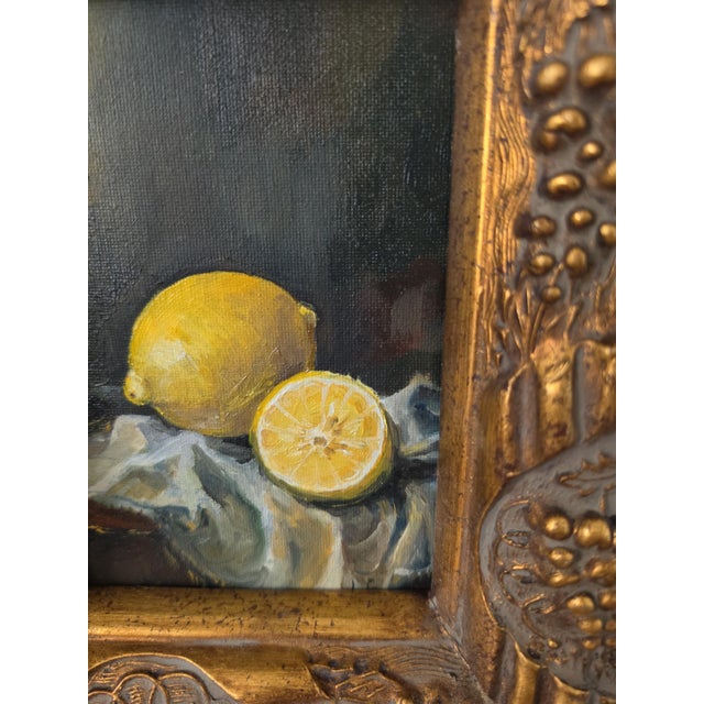 Late 20th Century Gilt Grape Motif Frame With Original Oil Painting, Lemon Still Life Art, Ornate Gold Frame, Cottage Decor For Sale - Image 13 of 13