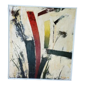 1950s Vintage Mid Century Modern Abstract Painting Madison Ave Ny Label, Framed