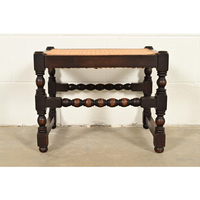 Berkey & Gay Berkey & Gay Style Antique English Jacobean Carved Walnut and Cane Stool or Ottoman, Circa 1920s For Sale - Image 4 of 8