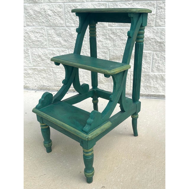 Tuscany Italian Country Carved &Amp; Distressed Green Painted Wood 3-Step Library Ladder For Sale In West Palm - Image 6 of 11
