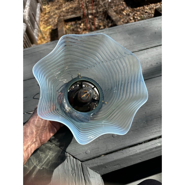 1910s Vintage Semi-Flush Brass Ceiling Fixture With Vintage Opalescent Shade For Sale - Image 5 of 5