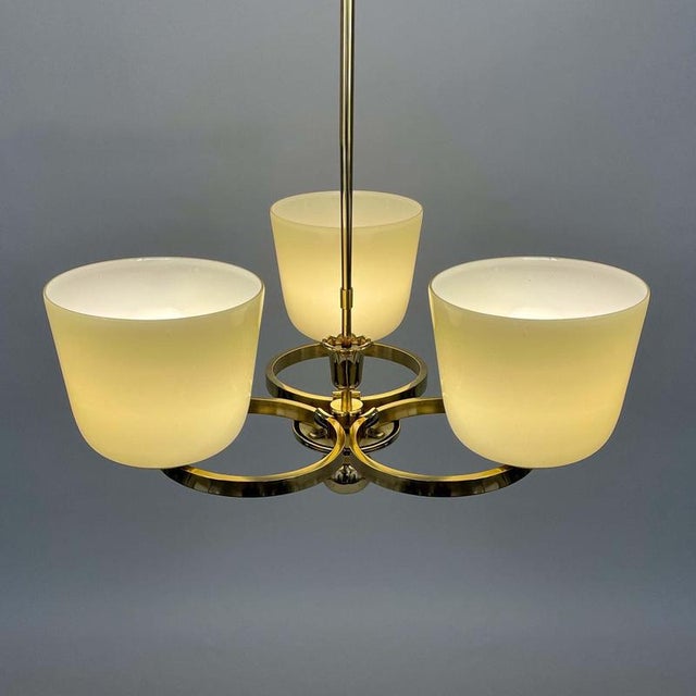 Art Deco Opaline Glass and Brass Chandelier, Germany, 1930s For Sale - Image 15 of 18