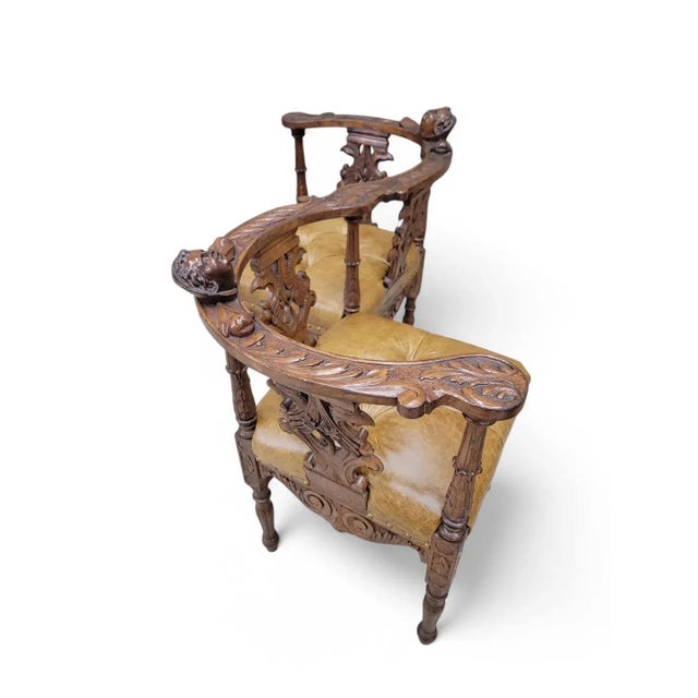 Brown Antique Italian Renaissance Revival Carved Tufted Tete-a-Tete Settee Newly Reupholstered in Leather For Sale - Image 8 of 10