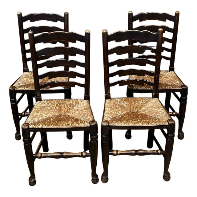 English Oak and Rush Seat Ladder Back Chairs, Late 19th Century, Set of 4 For Sale