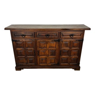 Spanish Rustic Oak Sideboard with Paneled Doors and Iron Hardware, 1930s For Sale