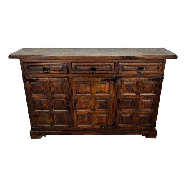 Spanish Rustic Oak Sideboard with Paneled Doors and Iron Hardware, 1930s For Sale