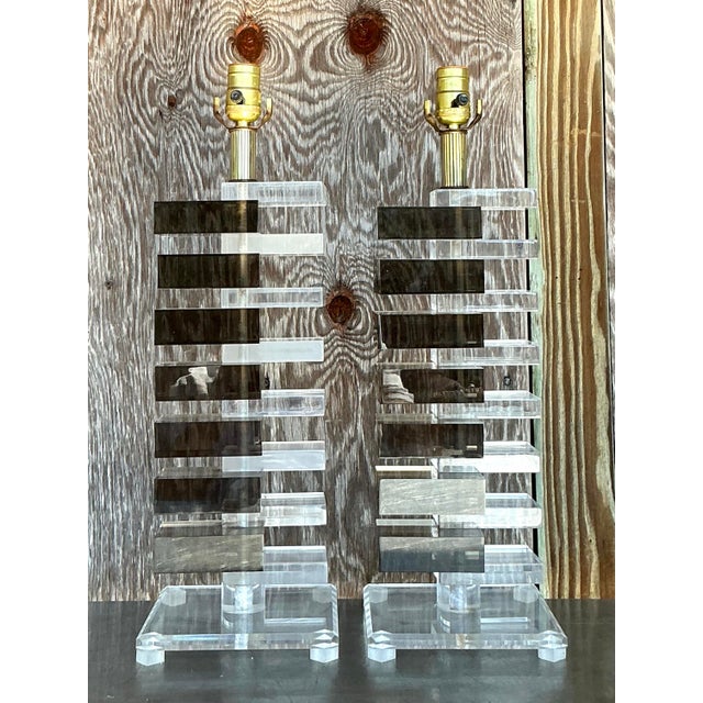 Mid-Century Modern Vintage Boho Stacked Lucite Skyscraper Lamps - a Pair For Sale - Image 3 of 9
