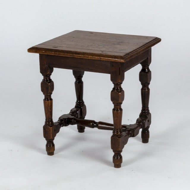 English Oak Square Stool With Turned Legs and H-Stretcher, Circa 1890 For Sale - Image 4 of 11