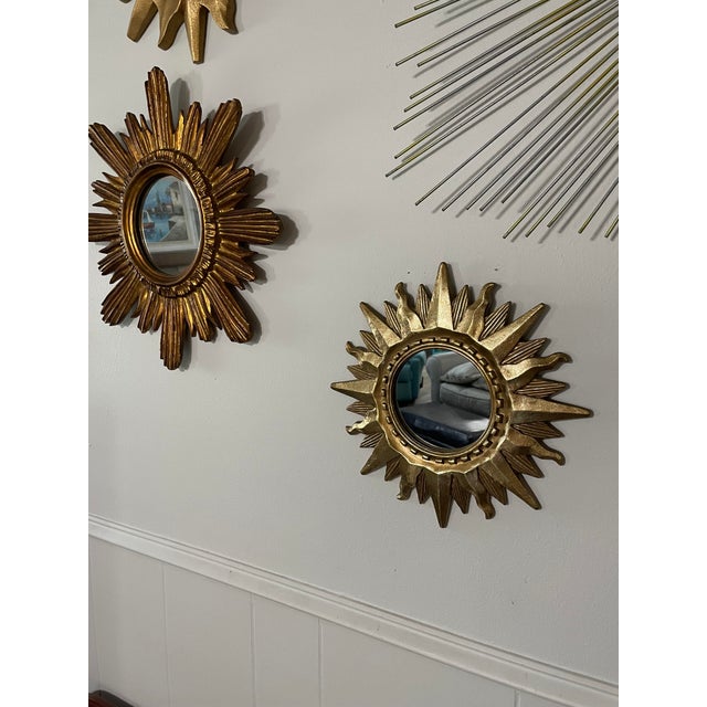 Vintage Mid Century Modern Gilded 12.5" Sunburst Wall Accent Mirror For Sale - Image 17 of 17