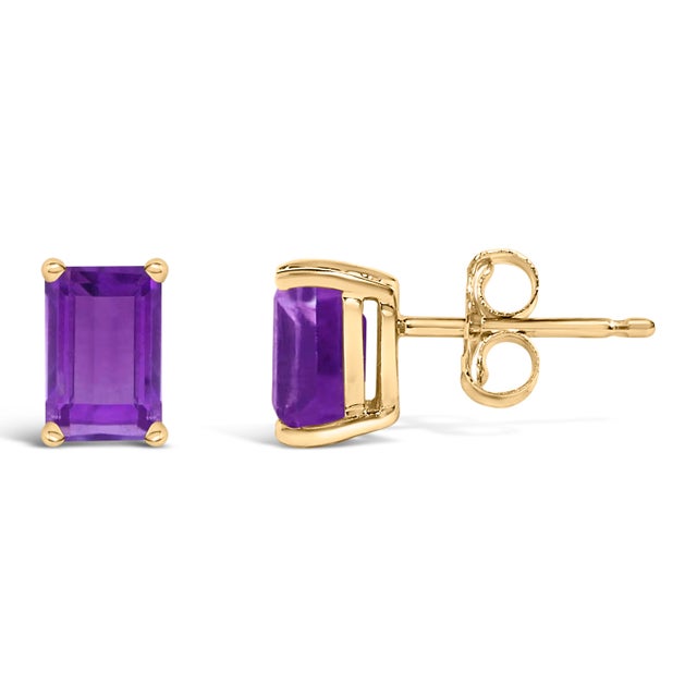 Contemporary 14K Yellow Gold 6x4MM Emerald Shaped Amethyst Solitaire Stud Earrings For Sale - Image 3 of 5