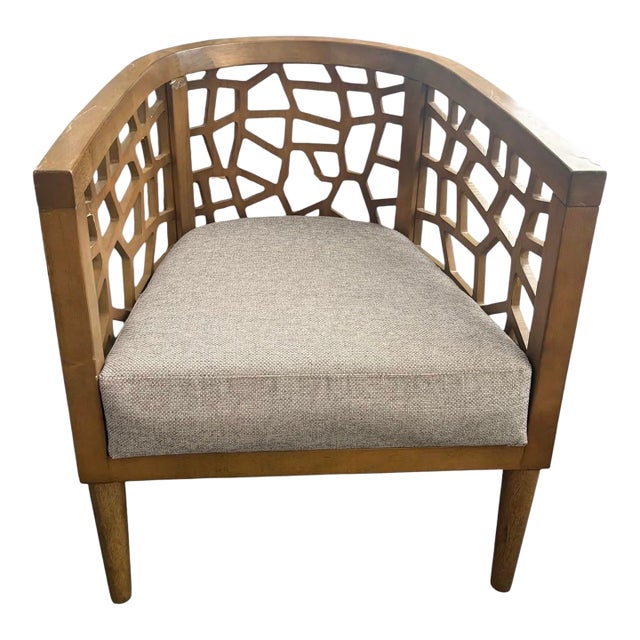 Mid-Century Modern Organic Lattice Teak Barrel Chair With Linen Cushion For Sale
