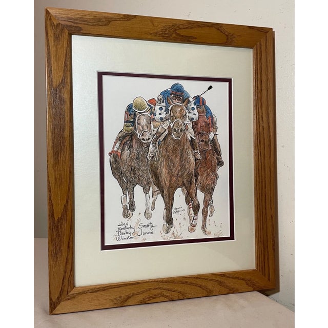 1980s Kentucky Derby Bernice Batoff Smarty Jones Horse Jockey Watercolor Ink Painting For Sale - Image 10 of 12