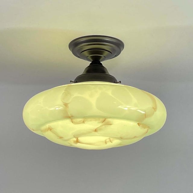 1920s Art Deco Flush Mount in Marbled Opaline Glass and Burnished Brass, Germany, 1920s For Sale - Image 5 of 17