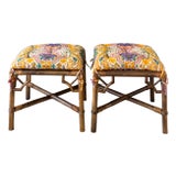 Pair of McGuire Style Chinoiserie Bamboo Stools or Ottomans With Tufted Cushions. For Sale