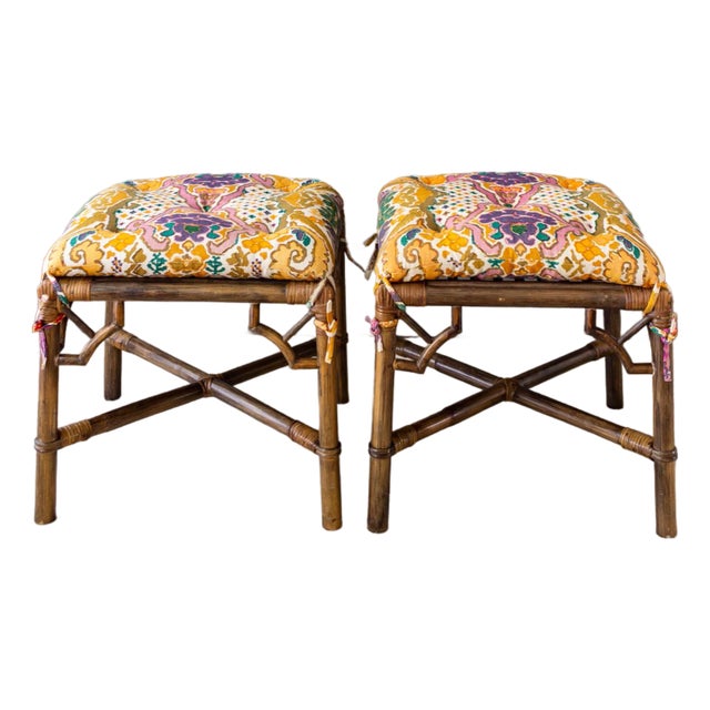 Pair of McGuire Style Chinoiserie Bamboo Stools or Ottomans With Tufted Cushions. For Sale