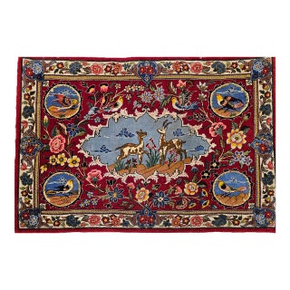 Vintage Persian Tabriz Pictorial Rug, Hand-Knotted Wool & Silk, Forest Scene, Red & Blue, 2x3 For Sale