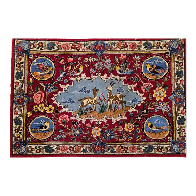 Vintage Persian Tabriz Pictorial Rug, Hand-Knotted Wool & Silk, Forest Scene, Red & Blue, 2x3 For Sale