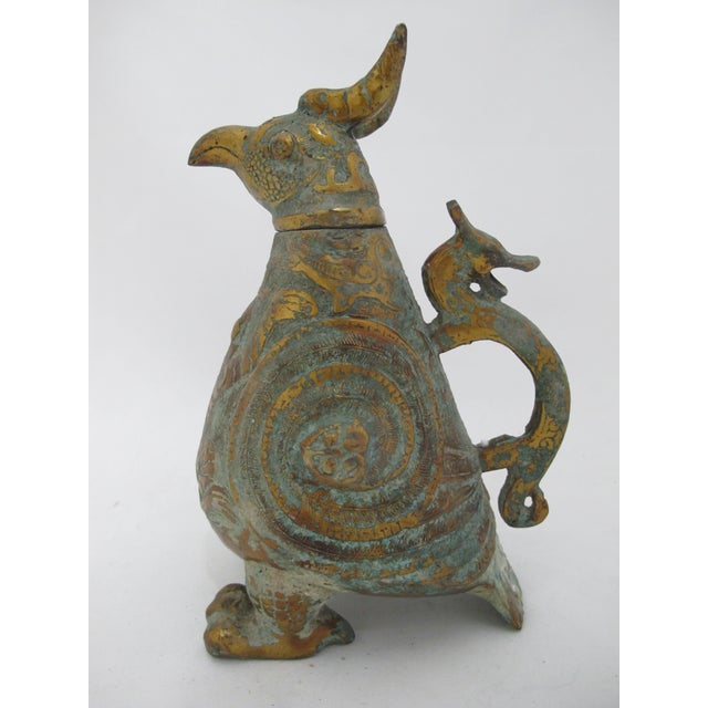 Chinese Archaic Bird Bronze Ware Gold Toad Accent Ritual Wine Vessel Pitcher For Sale - Image 9 of 18