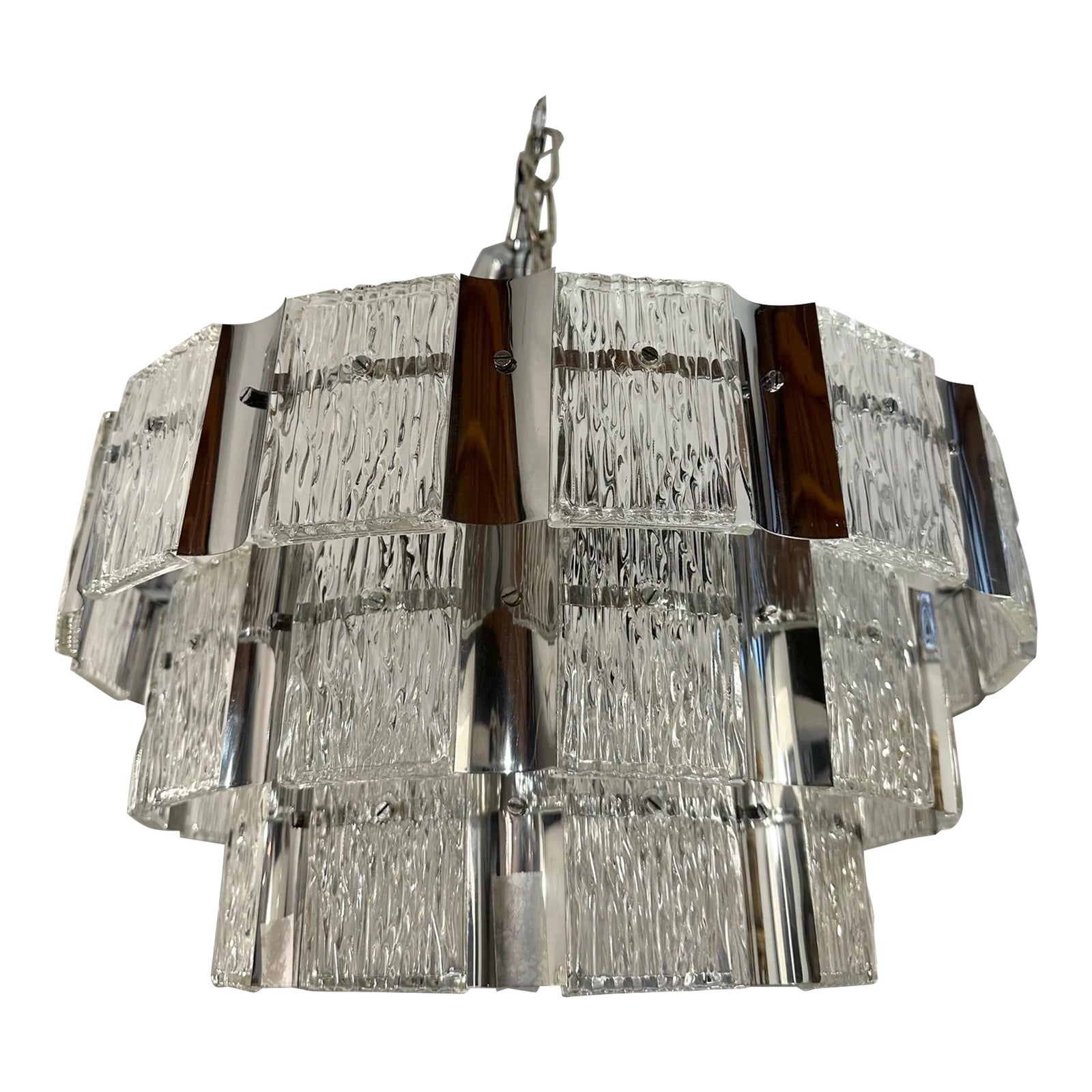 Mid Century Modern Textured Glass & Chrome 3 Tier Chandelier | Chairish