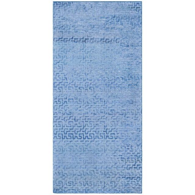 Modern Fret Pattern Blue Silk Runner "Aegean Maze" by Doris Leslie Blau For Sale