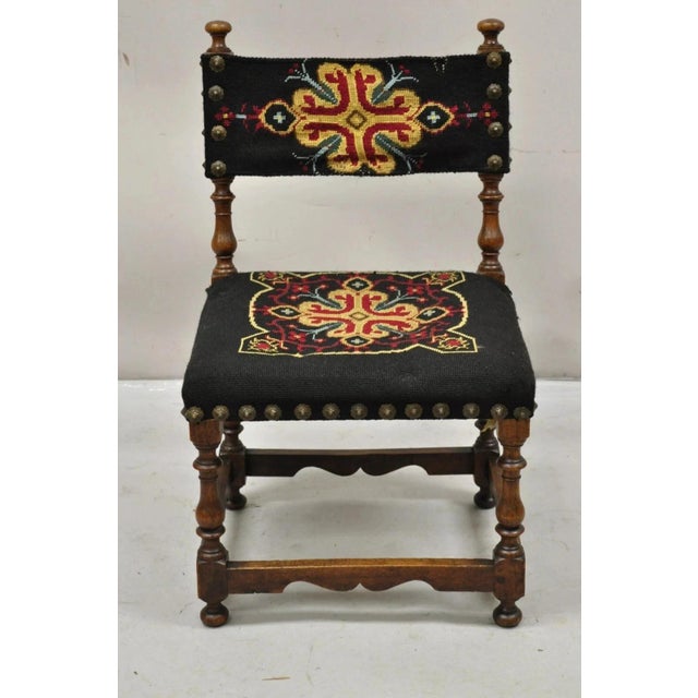 Renaissance Antique Italian Renaissance Turn Carved Walnut Tapestry Small Childs Side Chair For Sale - Image 3 of 12