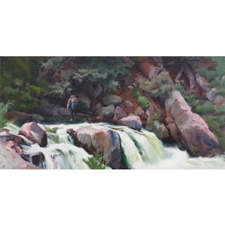 Cold Feet by Judd Mercer | Oil on Wood Panel man standing near a waterfall and rocky riverbank For Sale